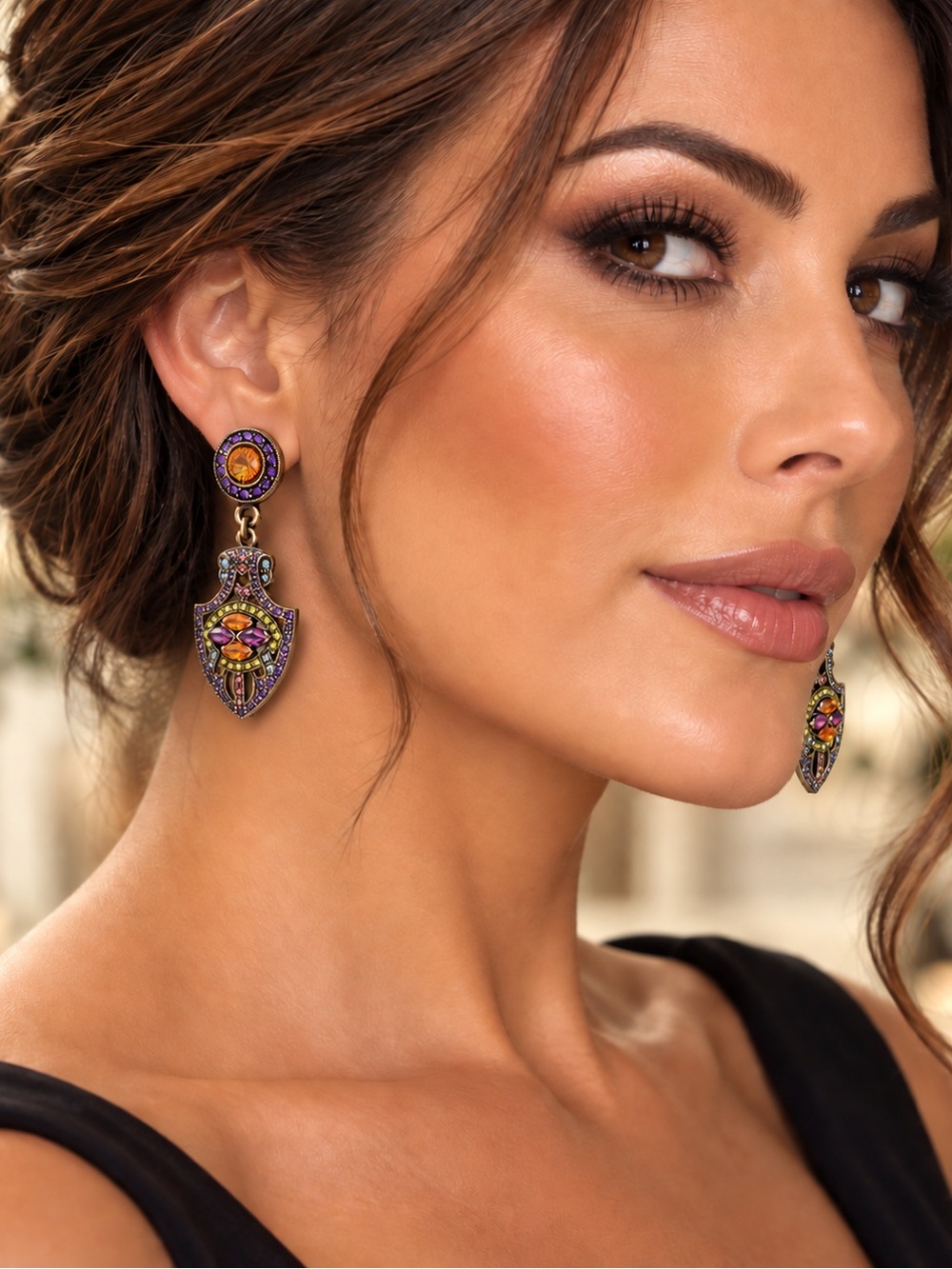 Vintage Heidi Daus Multicolor Swarovski Crystal Art Deco Drop Earrings
